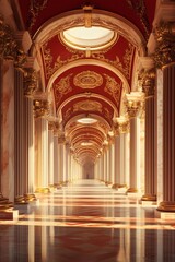 Stunning hallway with arched ceiling, marble columns and gold accents, reflecting light on the polished floor. Grand and luxurious design.