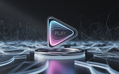Futuristic glowing play button on a raised platform representing digital content streaming and media technology