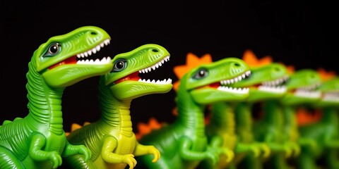 Fototapeta premium Green plastic toy dinosaurs close-up, arranged in a row, surface, childhood