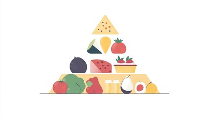 Food pyramid on a white background, ideal for dietary guidance, balanced nutrition, and healthy eating habits visuals.