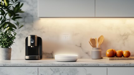 n AI-powered assistant projecting a holographic calendar and voice reminders in a modern kitchen, close-up of light projections hovering above a countertop, realistic reflections on marble surface