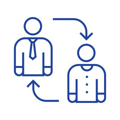 Business people exchange information or ideas through a circular arrow diagram representing communication and collaboration