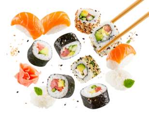  Sushi Roll Held by Chopsticks in Air with Wasabi and Ginger Flying, PNG