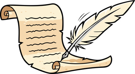 Cartoon Scroll and Feather Pen Depicting Writing and Communication. © WalidSmith