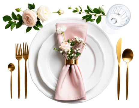 Wedding Table Setting with Floral Napkin and Gold Cutlery – Flat Lay Transparent Background PNG