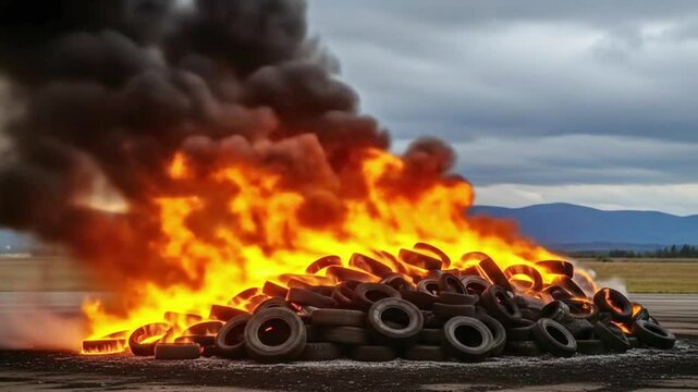 A large pile of tires is burning intensely producing thick black smoke against a mountain backdrop
