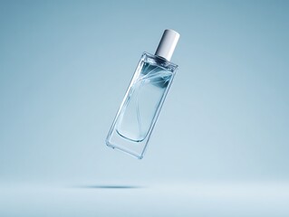 Clear glass perfume bottle in mid-air