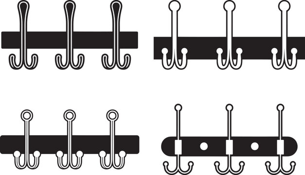 Collection of four black and white vector icons of wall mounted coat hooks