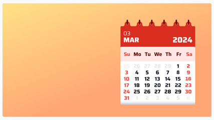 Monthly calendar grid for March 2024. Orange calendar landscape. March 2024 calendar. 2024 Weekend includes sunday. Clean template for advertising and online post. Vector illustration.

