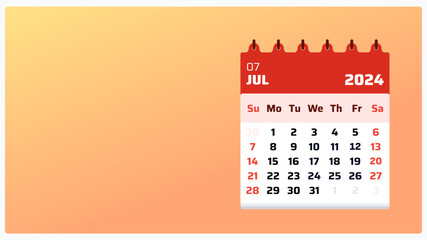 Printable calendar layout July 2024. Orange calendar landscape. July 2024 calendar. 2024 Weekend on sunday. Flat grid design for post or promotion. Vector illustration.