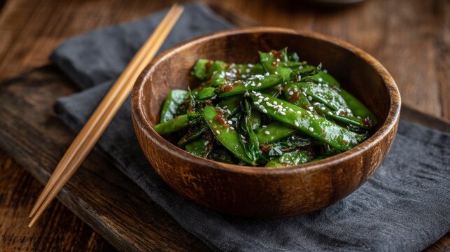 Snow Pea with Sesame Seeds in Bowl with Chopsticks - Powered by Adobe