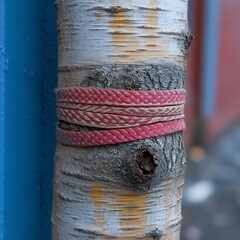 Pink and beige striped strap tied around a birch tree trunk