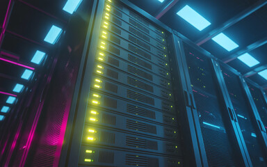 Modern data center illuminated by futuristic lighting showcasing powerful server racks representing advanced technology and data storage.