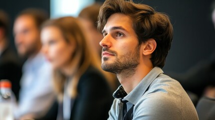 Obraz premium Side view of a male businessman at a round table, intellectual setting generative ai