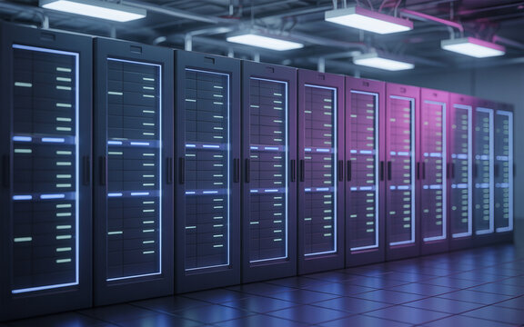 Modern data center server racks showcasing powerful information technology infrastructure and advanced data processing