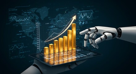 Artificial intelligence analyzing financial growth with robot hand and data visualization technology