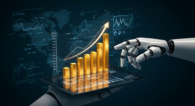 Artificial intelligence analyzing financial growth with robot hand and data visualization technology