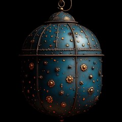 Ornate, dark blue spherical pendant lamp with metallic accents