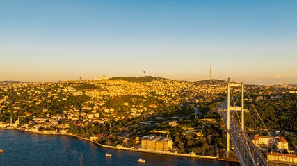Istanbul Bosphorus Bridge(July 15 Martyrs Bridge). Aerial view of the Bosphorus Bridge with drone on a cloudy day. Unique view of Istanbul. Turkiye.