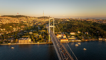 Istanbul Bosphorus Bridge(July 15 Martyrs Bridge). Aerial view of the Bosphorus Bridge with drone on a cloudy day. Unique view of Istanbul. Turkiye.