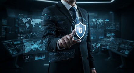 Businessman interacting with digital cyber security interface illustrating protection and safety measures