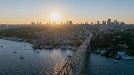 Fototapeta premium Istanbul Bosphorus Bridge(July 15 Martyrs Bridge). Aerial view of the Bosphorus Bridge with drone on a cloudy day. Unique view of Istanbul. Turkiye.