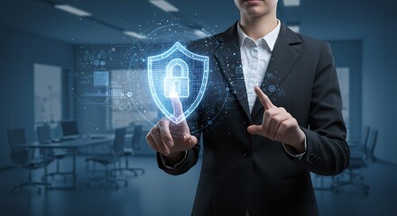 Businesswoman interacting with digital cyber security shield in modern office environment