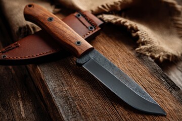 Knife with Wood Handle and Leather Sheath on Wooden Surface