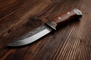 Engraved Knife with Wooden Handle on Table