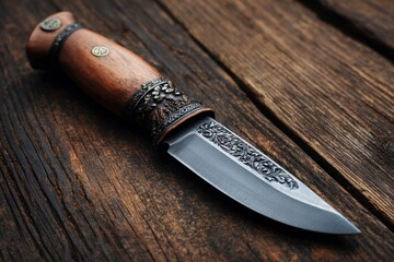 Ornate Knife with Wooden Handle on Rustic Wood Surface