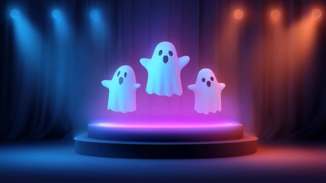 Glowing Ghosts on Illuminated Stage, Halloween Display Podium with Orange and Purple Neon Lighting Effects, Video