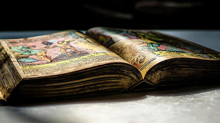 Open antique book, displaying vintage illustrations, with aged pages