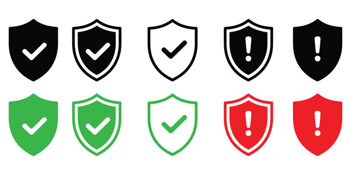 Graphic illustration of safety shield symbols with check mark and exclamation icons representing security and protection