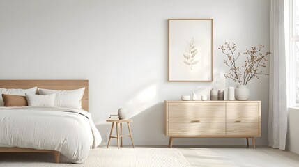 Modern Minimalist Bedroom with White Bed and Wooden Dresser