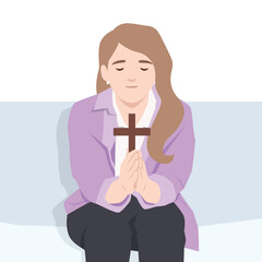 Peaceful woman sits with eyes closed, holding a wooden cross in prayer. Flat vector illustration isolated on white background