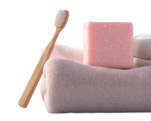 Toothbrush, soap, and towels still life