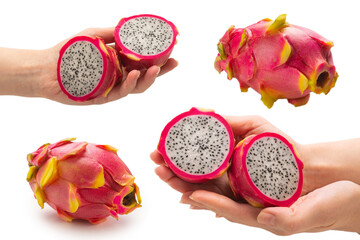 Sweet tasty dragon fruit or pitaya in woman hand isolated.