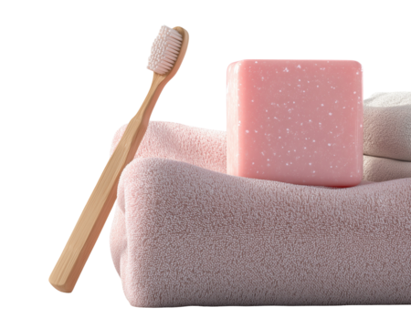 Toothbrush, soap, and towels still life