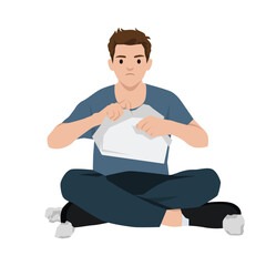 Frustrated Man Tearing a Sheet of Paper. Flat vector illustration isolated on white background