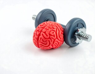 Creative fitness concept combines a dumbbell and a brain, symbolizing the importance of mental and physical strength in a wellness journey