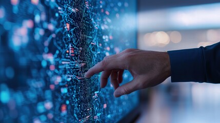 Close-up of AI algorithm visualization on a high-definition curved screen, flowing digital code, 3D neural network animations, graphs and nodes interconnected, hand gestures interacting with floating 