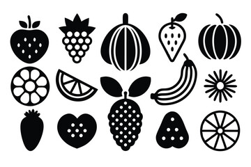 Collection of Simple Black and White Fruit Icons Strawberries, Bananas, and More