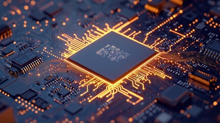 Close-up of an AI neural processor chip embedded on a motherboard, surrounded by microtransistor