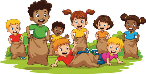 Joyful Children's Sack Race: Diverse Group in Lively Outdoor Game