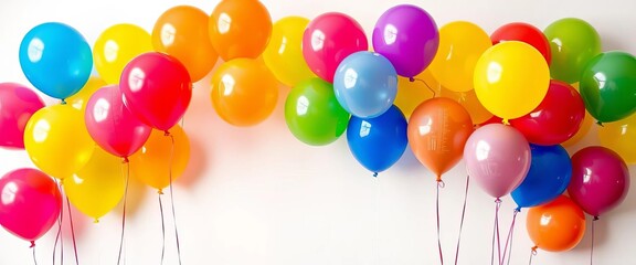 Vibrant colorful balloons arranged on a white background for a birthday celebration, template, happy