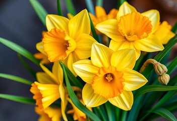 Vibrant daffodil bouquet, sunny yellow blossoms, lush green leaves, celebratory spring arrangement,  art,  stem