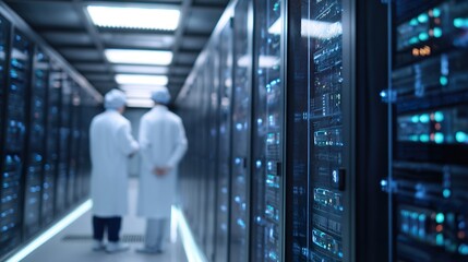 Futuristic AI server room filled with glowing neural networks, glass panels reflecting deep blue and white lights, cables connecting AI cores,