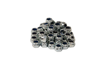 A group of metal nuts isolated on a white background.