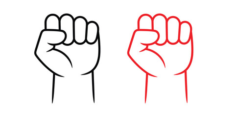 Illustration shows a black and red outline drawing of a clenched fist isolated on a white background, emphasizing strength