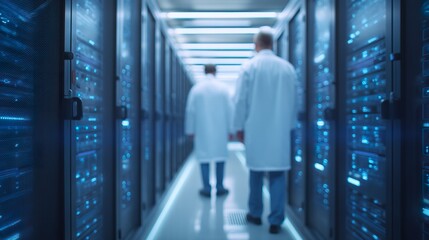 Futuristic AI server room filled with glowing neural networks, glass panels reflecting deep blue and white lights, cables connecting AI cores,